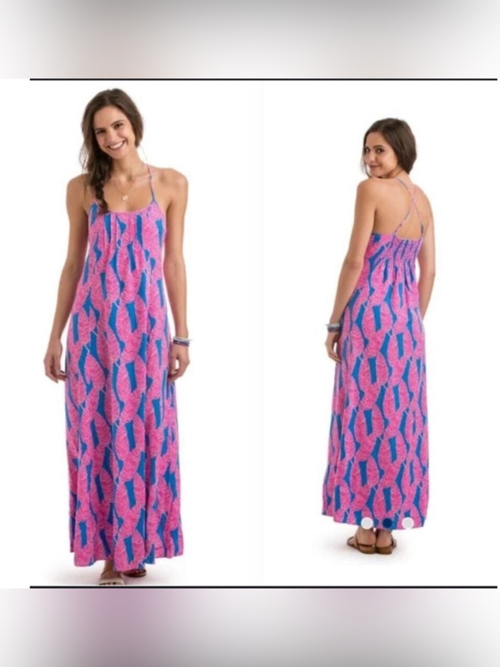 Vineyard Vines Tropical Palm Leaf Maxi Dress Womens Size 0 Blue Pink Resort